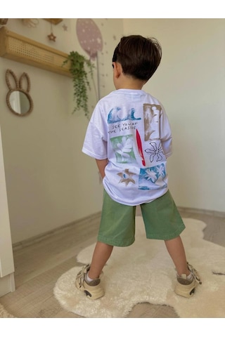 Miniko Kids Erkek Çocuk Keten Şortlu Cep Modelli Desenli Pamuk Şortlu Takım Beyaz