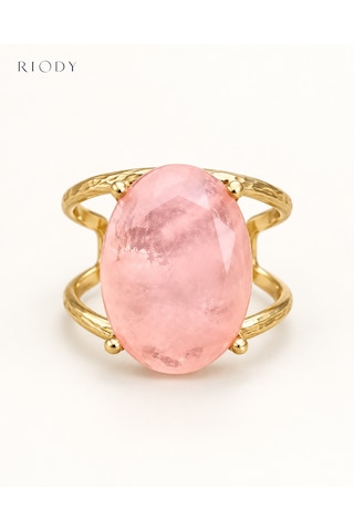 Riody Regard Rose Gold Kaplama Pembe Kedi Gözü Doğal Taşlı Ayarlanabilir Kadın Yüzük Sarı Altın