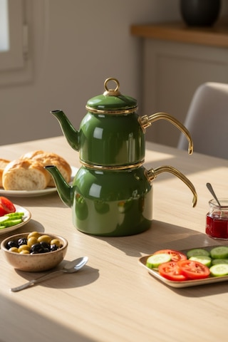 Alt Üst Emaye Yeşil Mini Çaydanlık Takımı Üst 650ml Alt 1,26lt