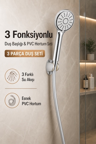 3 Fonksiyonlu Krom Duş Başlığı 150 Cm Esnek Dayanıklı Pvc Hortumlu Mafsallı Duvar Askılı Duş Seti Gri