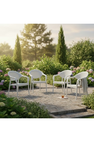 4 Adet Bambu Plastik Rattan Bahçe Balkon Teras Sandalyesi Gizli Metal Profil Ayaklı Kollu Sandalye Beyaz