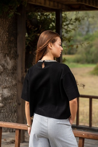 Verdeblanco Taşlı Yaka Basic Bluz Siyah Siyah