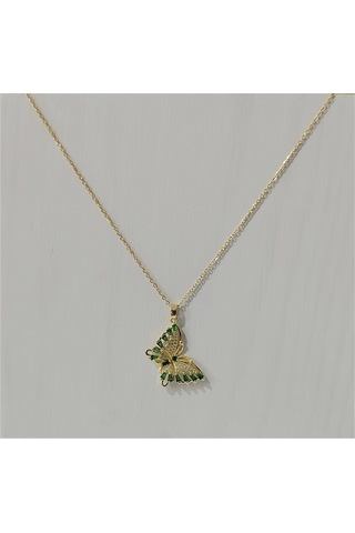 Çelik Bayan Kolye Zirkon Yeşil Taşlı Kelebek Altın Renk Çelik