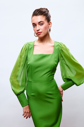 Sateen Şifon Kol Krep Elbise - Yeşil