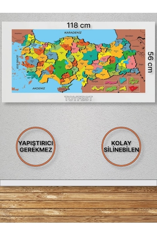 Duvara Kendiliğinden Manyetik Yapışan Yazılıp Silinebilen Renkli Türkiye Haritası 118 X 56 Cm Şeffaf