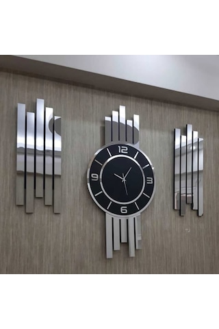 Gümüş Renk Aynalı Pleksi Modern Tasarım Oval Duvar Saati Tablo 3 Lü Set Sessiz Mekanizma Saat 70x35cm Tablo 50x20 Cm Ahşap - Gümüş - Siyah
