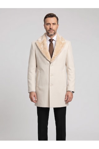 Plus Scorpion Erkek Uzun Kaşe Kaban Çıkartılabilir Kürk Yaka, Astarlı Ve Cepli Slim Fit Mont Krem