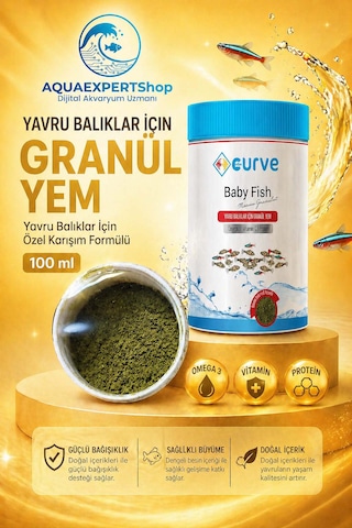 Curve Yavru Balıklar Için Granül Yem - 100 Ml - Özel Karışım Formüllü - Omega 3 - Vitamin C - Protein Içerikli Balık Yemi