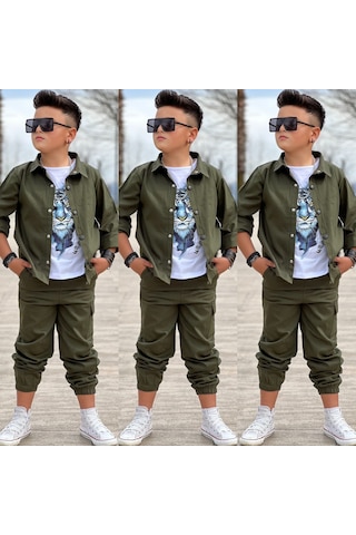 Modavals Gabardin Gömlek Kargo Cep Pantolon Ve Kaplan Baskılı Tshırt 3 Parça Erkek Çocuk Takım Haki
