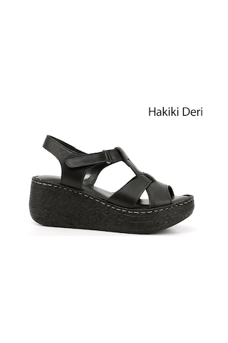 Gönderi(R) Gönderi R Kadın Siyah Cırt Bantlı Dolgu Topuk Hakiki Deri Sandalet Dyza70945771 Siyah