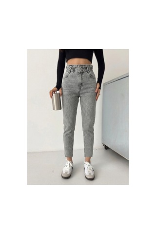 Kene Jeans Gri Kemer Büzgülü Çift Düğme Mom Kot Pantolon Gri