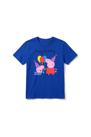 Urbantrendstore Peppa Pig Temalı Unisex Kız Çocuk Erkek Çocuk Bisiklet Yuvarlak Yaka Basic Kısa Kollu %100 Pamuk Tişört Sax