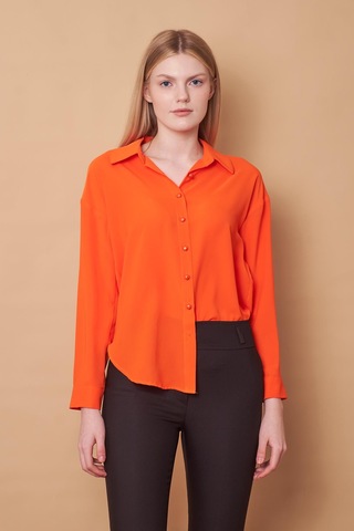 Kadın Yakalı Düşük Omuzlu Uzun Kol Likrasız Kumaş Gömlek-oranj Oranj