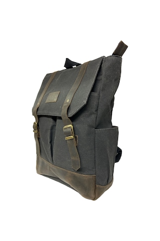 Old Cotton Cargo Kanvas Deri Su Geçirmez Unisex Laptop Bölmeli Gezi Okul Seyahat Kamp Sırt Çantası Siyah