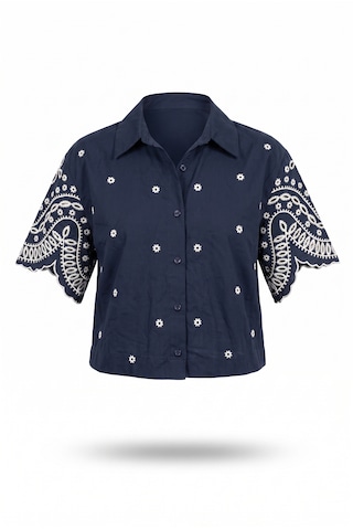 Pulchrani Lacivert Broderie Anglaise Gömlek Koyu Lacivert