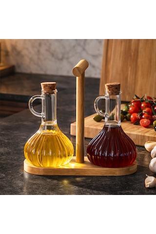 Porsima 415 2li Standlı Mantar Kapaklı Borosilikat Cam Yağlık Sirkelik Yağdanlık 250+250ml Şeffaf