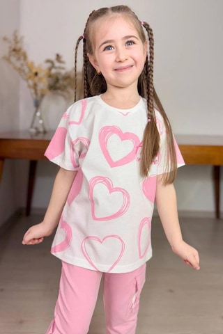 Riccotarz Kız Çocuk Pano Kalp Baskı Bisiklet Yaka T-shirt Kargo Cepli Alt Pembe Eşofman Takım Beyaz
