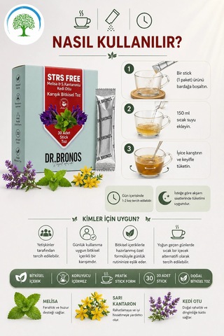 Çareburada Dr. Bronos Strs Free Melisa, Sarı Kantaron, Kedi Otlu Karışık Bitkisel Toz 30 Stick