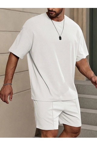 Tarzsokak Manfinity Homme Loose Fit Erkek Düz Renk Düşük Omuzlu Tişört Ve Şort Beyaz