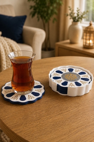 Geleneksel Türk Çay Tabağı Motifli 4 Lü Bardak Altlığı Seti Standlı - Dekoratif Bardak Altlığı - Lacivert Set Diğer