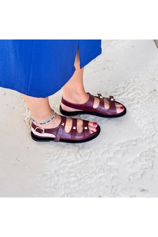 Ne&ve Shoes Bordo Hakiki Deri Gold Aksesuarlı Günlük Rahat Sandalet