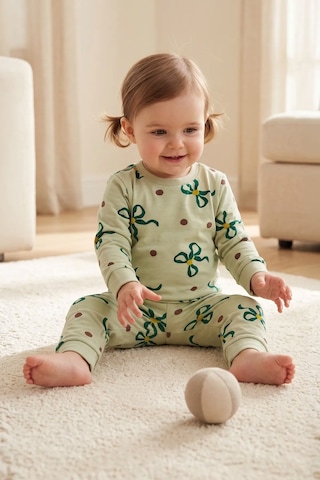 Zuzunga Kız Çocuk Fiyonk Ve Puantiye Desenli Uzun Kollu Pijama Takımı Yeşil