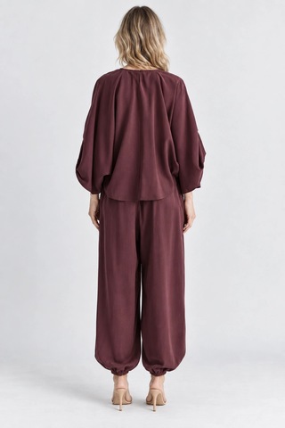 Mevese Rahat Kesim Modal Takım - Yarasa Kol Oversize Bluz Ve Geniş Paça Şalvar Pantolon - Mürdüm