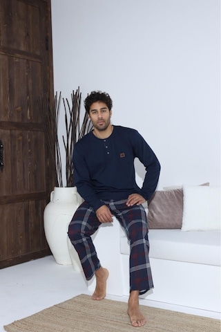 Lukitus Sıfır Yaka Düğmeli Pamuklu Erkek Pijama Takımı Lacivert Byrz70015-l Lacivert