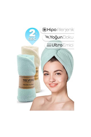 2li Set Mikrofiber Saç Havlusu Plaj Deniz Havuz Bonesi Banyo Saç Kurutma Baş Havlusu Krem-turkuaz Krem