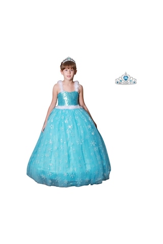 Butikhappykids Prenses Elsa Askılı Elsa Kostüm + Taç 1-12 Yaş Mavi