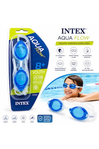 Intex Aqua Flow Çocuk Yüzücü Gözlüğü Uv Korumalı, Ayarlanabilir Silikon Kayışlı Yüzme Gözlüğü 8+ Yaş Mavi