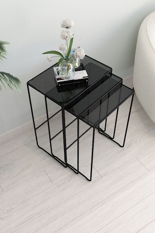 Dekoport Moon Dekopratif Metal Cam Zigon Yan Sehpa Siyah Füme Cam