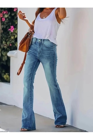 Defymoda Kadın Yüksek Bel Cepli Paçaya Doğru Ispanyol Kot Pantolon Mavi