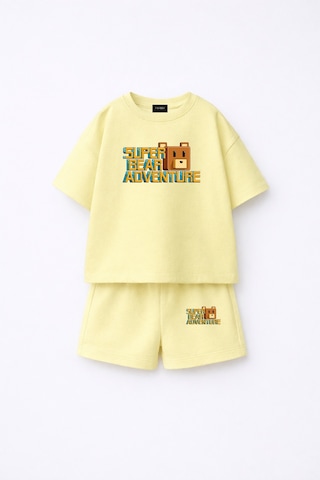 Fasardi Super Bear Adventure Süper Ayı Baskılı Oversize %100 Pamuk Tişört Şort 2li Çocuk Takım Limon