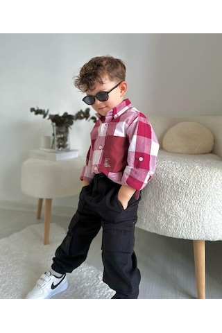 Minaz Baby Kareli Gömlek Pantolon Takım Kırmızı - Siyah