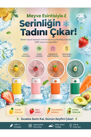 T300 Meyve Temalı Kırmızı Şarjlı Mini El Fanı