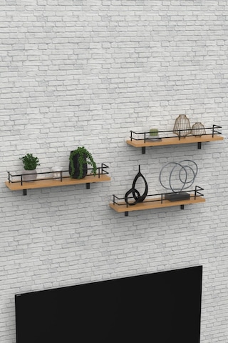 Modern Tasarımlı Metal Korkuluklu Ahşap Duvar Rafı Üçlü Safir Meşe