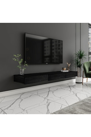 Avalon 3 Kapaklı Duvara Monte Tv Sehpası 140 Cm, Modern Minimal Tasarım, Tv Ünitesi - Ahşap Siyah Ahşap Siyah