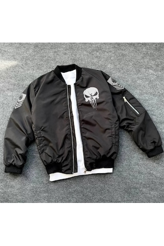 Etiler Collection Unisex Uzun Kol Kuru Kafa Baskılı Bomber Ceket - Siyah