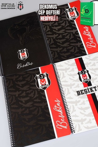 "dekomus Cep Defteri Hediyeli" Lisanslı Beşiktaş Spırallı 2 Adet Kareli Ve 2 Adet Çizgili A4 Karton Kapak 72 Yaprak Defter Seti