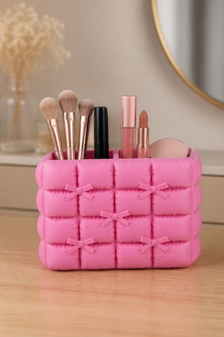 Fiyonk Detaylı Puffy Masaüstü Organizer 3d Baskı Makyaj Ve Kalemlik Düzenleyici Pembe - Pembe