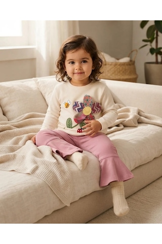 Bebitof Kids Kız Bebek 3d Çiçek Aplikeli Sweatshirt Ve İspanyol Paça Pantolon Ekru / Pembe
