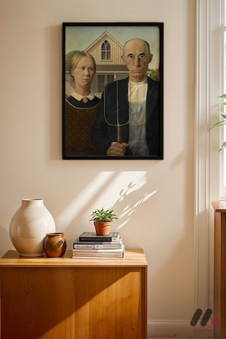 Grant Wood American Gothic, Siyah Çerçeveli Duvar Tablosu - Sanatsever Hediyesi