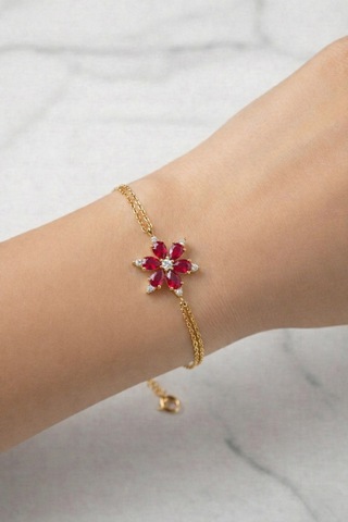 Çekirdekjewelry 926 Ayar Gümüş Kırmızı Taşlı Lotus Bileklik Sarı
