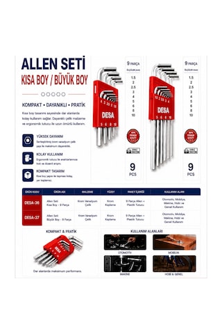 9 Parça Uzun Boy Alyan Allen İmbus Anahtar Seti L Tip Cr-v Çelik