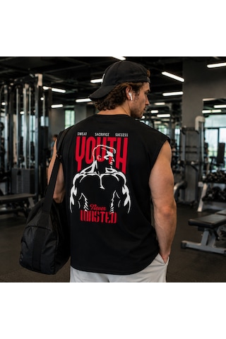 Urbantrendstore Baskılı Premium Sporcu Atleti Gym Tişört %100 Pamuklu T-shirt Açık Siyah