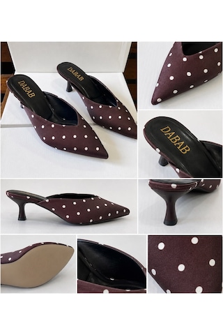 Dabab Shoes Sevılla Puantiye Desenli Acı Kahve Saten Sivri Burunlu 5 Cm İnce Topuklu Mule Terlik Kahverengi
