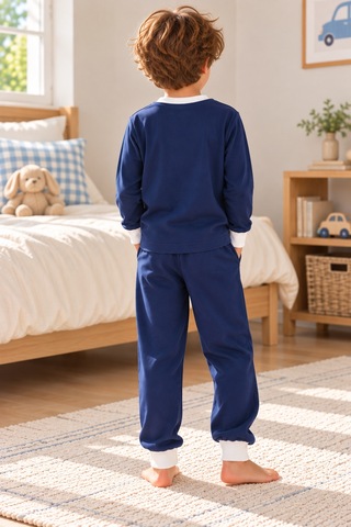 Luess Erkek Çocuk Lacivert Bulut Baskılı Uzun Kollu Süprem Pijama Takımı