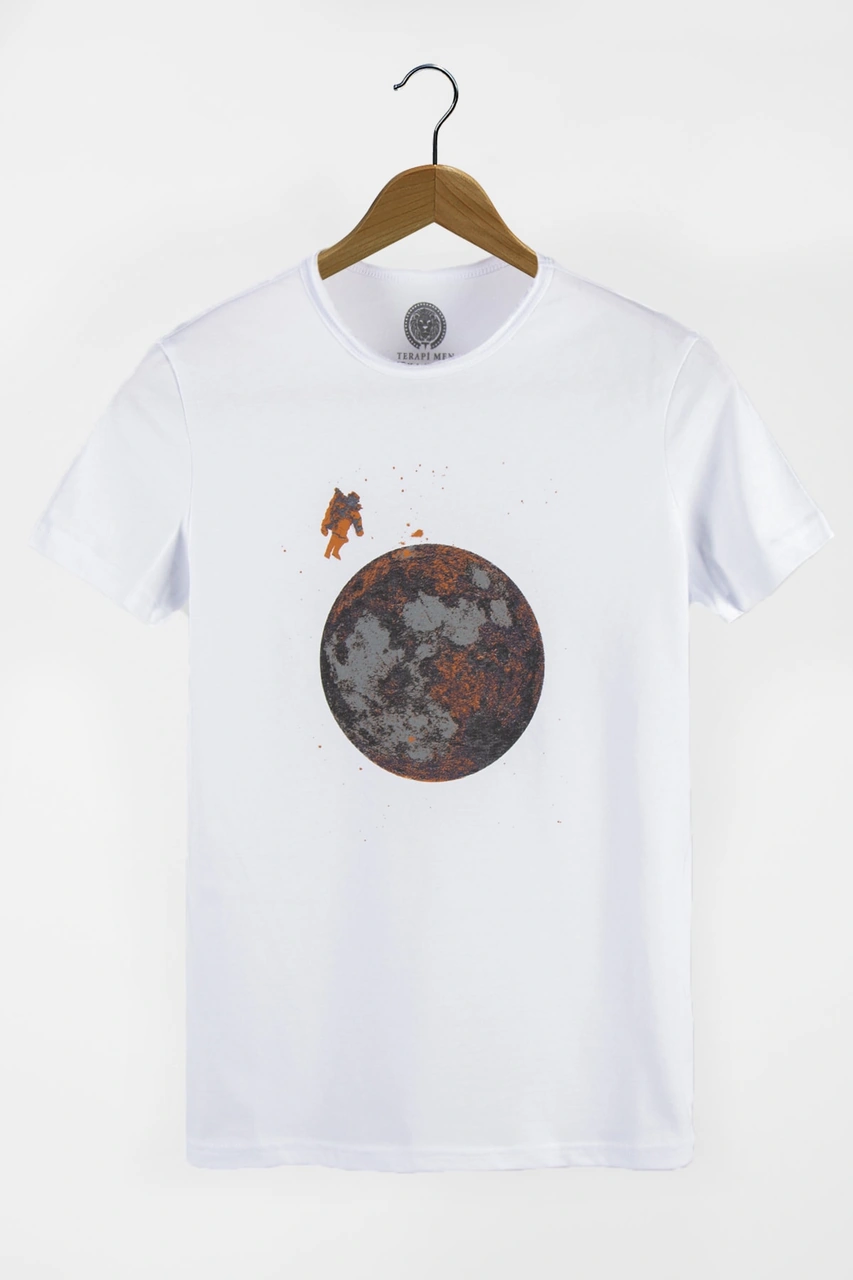 Veaven Erkek Beyaz Bisiklet Yaka Baskılı T-shirt Beyaz