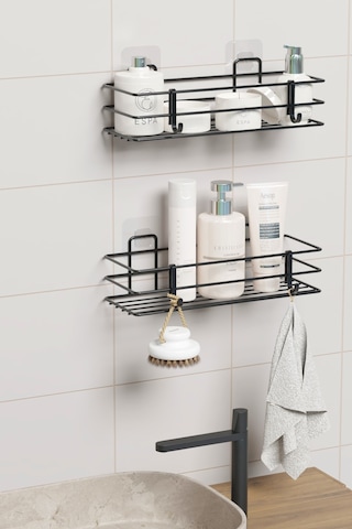 Yapışkanlı 2 Li Set Banyo Rafı Duş Şampuanlık Duvar Düzenleyici Organizer Siyah